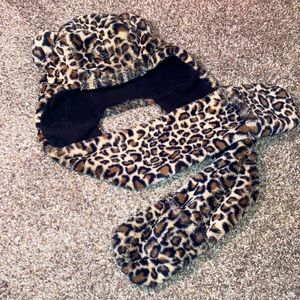 Warm and Snuggly leopard hat with hand warming scarf